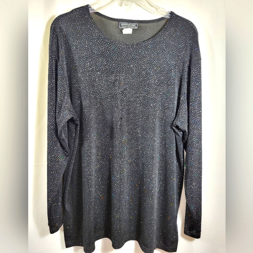 Impressions black silky sparkle tunic   women's L  #1488